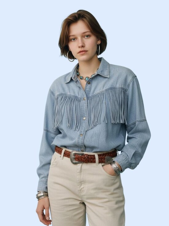 CASSINI Jeans Tops - CASSINI Jeans long sleeve light blue fringe Cowgirl Western Vintage Shirt M